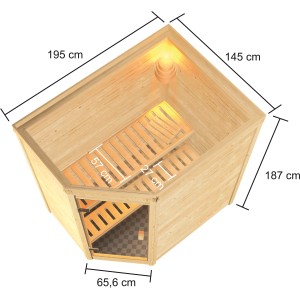 Sauna Woodfeeling Jella con porta in vetro bronzato, stufa da 9 kW e 2 panche in legno di pioppo.