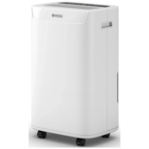 Weißer Olimpia Splendid Luftentfeuchter Aquaria S1 10 P mit 2 l Tank und Rollen.