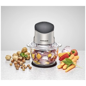 Rommelsbacher Multi-Zerkleinerer MZ 400 in acciaio inox e vetro con verdure.