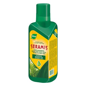 Maag Seramis engrais liquide pour plantes vertes en bouteille verte pour des plantes saines.