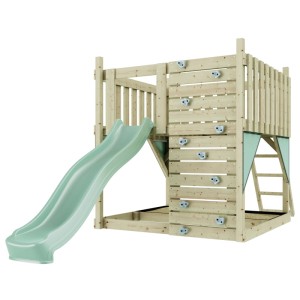 Aire de jeux OutdoorToys Ciel étoilé avec toboggan, mur d'escalade et échelle. Structure en bois couleur menthe.