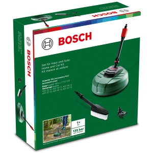Kit de nettoyage maison et auto Bosch pour nettoyeurs haute pression : nettoyeur de terrasse, brosse, buse dans le kit.