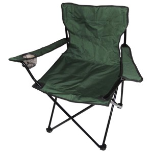 Sedia da pesca verde con portabibite e telaio in metallo nero, inclusa borsa per il trasporto.