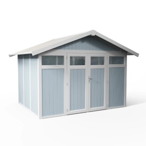 Abri de jardin en plastique Grosfillex Utility 7,5 gris-bleu avec double porte et fenêtres.