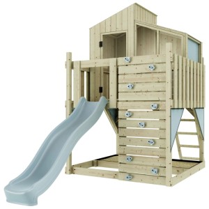 OutdoorToys Komet Eisblau cabane sur pilotis en bois avec toboggan et mur d'escalade.
