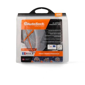 AutoSock aide d'urgence hivernale groupe 695 dans un sac de transport transparent.