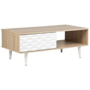 Table basse Beliani Swansea, bois marron clair avec tiroir et compartiment ouvert.