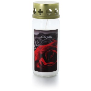 Gedenkkerze mit roter Rose und goldenem Deckel, Brenndauer ca. 32 Stunden.