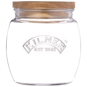 Barattolo universale Kilner, trasparente, 0,85 l, con coperchio in legno per la conservazione degli alimenti.