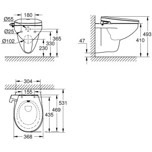 Disegno tecnico del sedile WC doccia Grohe Bau Keramik Alpinweiss con dimensioni.