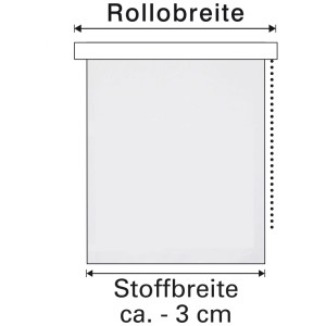 Schéma du store enrouleur thermique Gardinia EasyFix, tissu blanc avec chaînette, dimensions de la largeur et de la largeur du tissu.