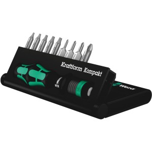 Wera Bit-Set Kraftform Kompakt 12, jeu de 10 pièces avec tournevis et embouts dans un support.