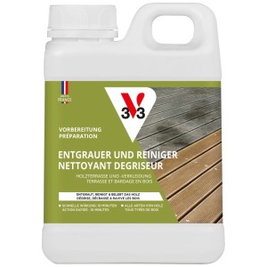 V33 Entgrauer und Reiniger für Holz, 1 Liter Flasche. Ideal für Holzterrassen und Gartenmöbel.