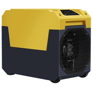 Déshumidificateur de chantier Kibernetik B60 noir-jaune, robuste, empilable, avec pompe, roues et panneau.
