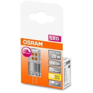 Ampoule LED Osram Pin G4, blanc chaud, 20W, dimmable. Lampe LED compacte dans son emballage.