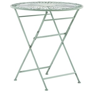 Grüner, klappbarer Beliani Gartentisch Trento aus Metall mit dekorativer Tischplatte.