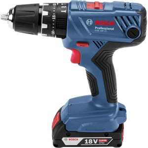 Trapano avvitatore a percussione a batteria Bosch Professional GSB 18 V-21, blu, con batteria da 2 Ah.