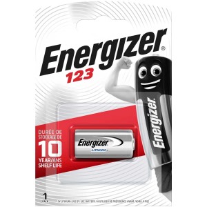Batteria al litio Energizer 123 in blister, adatta per apparecchiature fotografiche e cinematografiche.