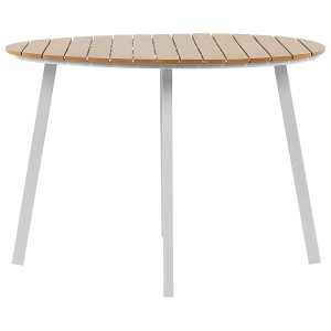 Runder Beliani Gartentisch Cavoli mit Holz-Optik und weißem Alu-Gestell, Ø 105 cm.
