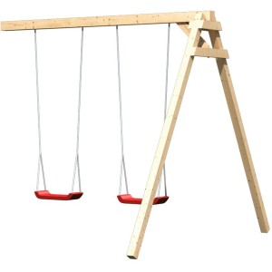 Extension balançoire double Karibu en bois avec sièges rouges pour maisonnettes sur pilotis.