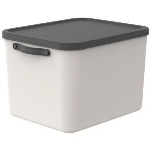 Rotho Mythen Aufbewahrungsbox 55l in Warm Beige aus Kunststoff mit dunklem Deckel und Griffen.