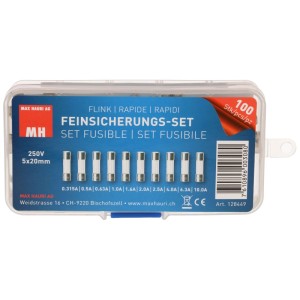 Set di fusibili a intervento rapido, 5x20 mm, diversi amperaggi in scatola trasparente.
