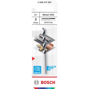 Set di punte elicoidali Bosch Metal HSS, 2 pezzi, diametro 3 mm, per foratura precisa nel metallo.