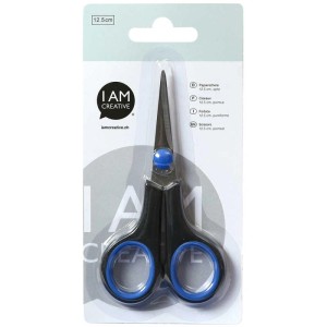 Papierschere, spitz, 12,5 cm, mit blau-schwarzem Griff, verpackt.