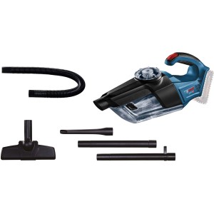 Aspirateur à main sans fil Bosch Professional GAS 18 V-1 avec accessoires tels que buses et tube d'aspiration.