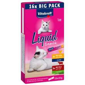 Vitakraft Liquid Snack Multipack Poulet et Bœuf, lot de 16 friandises pour chat avec taurine et herbe à chat.