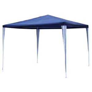 Gazebo blu con tetto in PE, struttura in metallo e connettori in plastica. Ideale per giardino e feste.