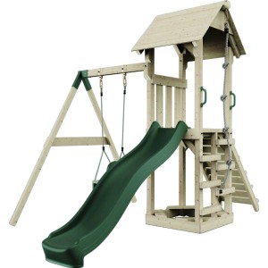 PolarPlay Torre gioco Göteborg con altalena per bambini e scivolo verde in legno.
