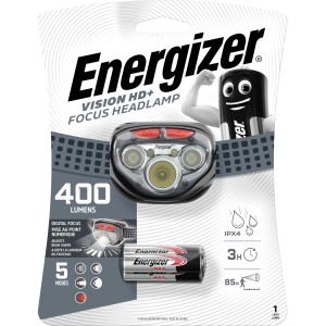 Lampe frontale Energizer Vision HD avec fonction de mise au point et 3 piles AAA incluses.