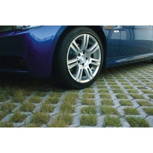 Dalle alvéolée grise en béton sous une voiture, partiellement enherbée.