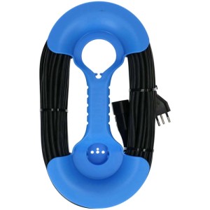 Rallonge noire de 20 m avec enrouleur de câble bleu pour un rangement ordonné.