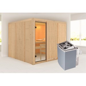 Sauna in legno massello Karibu Arvika con porta in vetro bronzato e stufa da 9 kW con pietre.