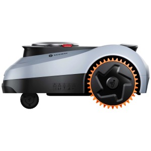 Robot rasaerba Navimow i210E LiDAR, corpo grigio, dettagli arancioni, senza filo perimetrale.