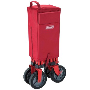 Carrello Coleman rosso piegato per campeggio e tempo libero, con borsa.