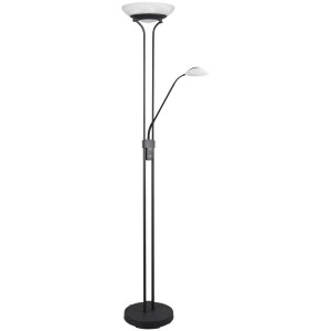 Lampadaire LED noir Orsan avec lumière indirecte et liseuse, verre albâtre.