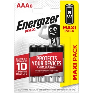 Energizer Max Alcaline AAA, confezione da 8. Batterie micro affidabili per dispositivi di uso quotidiano.