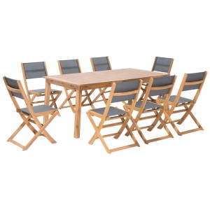 Ensemble de jardin Beliani Cesana: table en bois d'acacia et 8 chaises pliantes avec tissu gris.