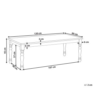 Schizzo: Tavolino da caffè bianco Beliani Kokomo, 45x60x120 cm, con dimensioni.