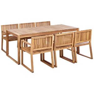 Salon de jardin Beliani Sassari II: table rectangulaire et 6 chaises en bois d'acacia avec accoudoirs.