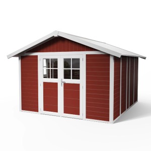 Casetta da giardino in plastica rossa Grosfillex Deco H 11 con doppia porta e tetto bianco.