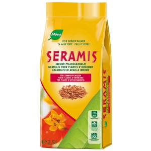 Confezione gialla di granuli per piante da interno Seramis 2,5 l per piante da appartamento.