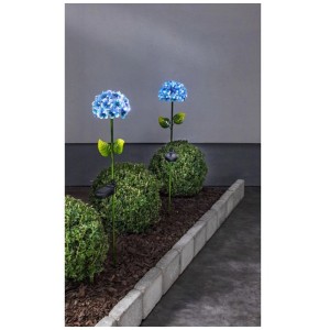 Blaue LED Solar Gartenstecker Hortensie als Deko für den Garten.