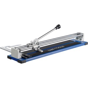 Tagliapiastrelle LUX Classic 600 mm in acciaio con base blu e guide argentate.