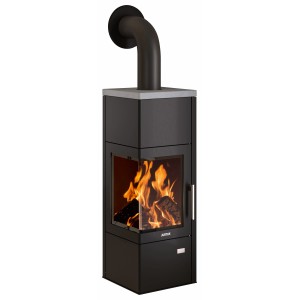 Poêle à bois noir Justus Diego avec vitre et compartiment à bois, classe énergétique A.