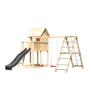 Karibu Spielhaus Frieda mit Rutsche, Schaukel und Klettergerüst aus Holz in Natur und Anthrazit.