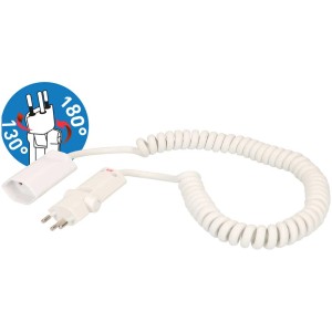 Rallonge spiralée blanche 2,5 m T12/T13 avec fiche Clip-Clap pour une utilisation flexible.
